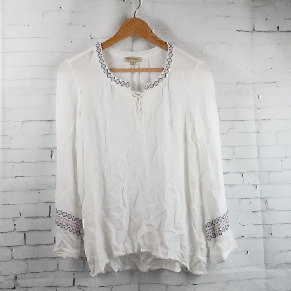 DEMOCRACY WHITE LONG BELL SLEEVE V NECK WITH BLUE & PINK EMBROIDERED DETAIL